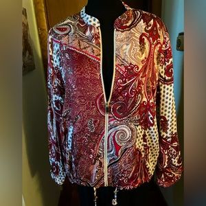 Chicos Zip Front Paisley Floral Satin Jacket Fully Lined Size 2 Large